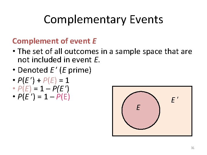 Complementary Events Complement of event E • The set of all outcomes in a