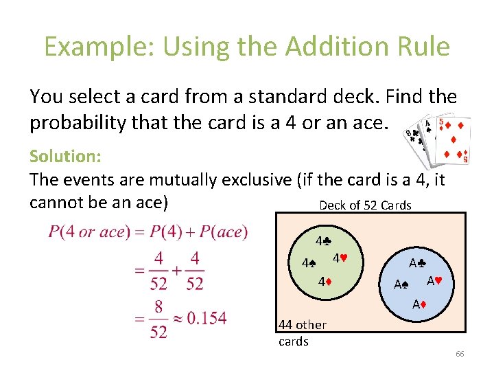 Example: Using the Addition Rule You select a card from a standard deck. Find