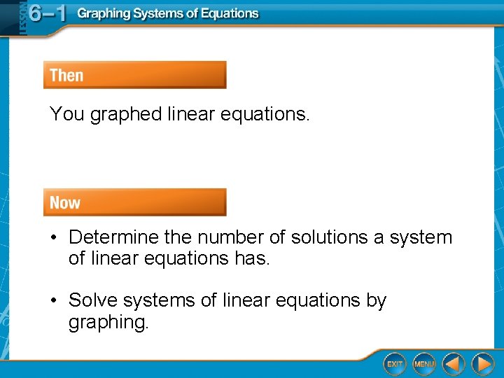 You graphed linear equations. • Determine the number of solutions a system of linear