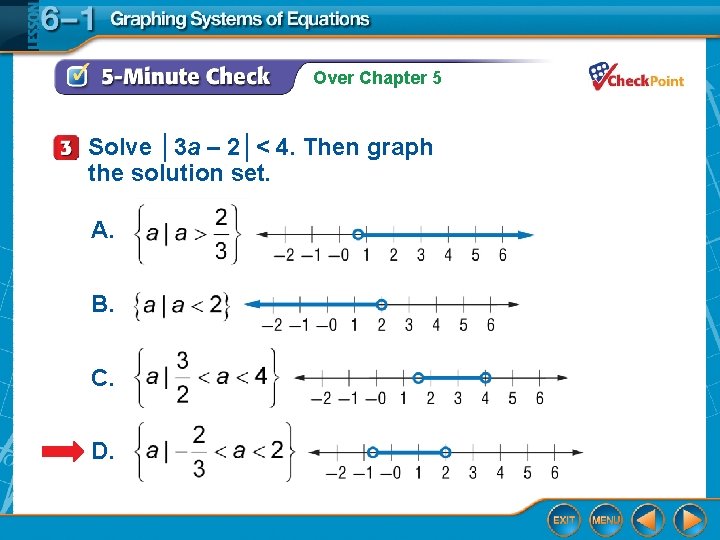 Over Chapter 5 Solve │3 a – 2│< 4. Then graph the solution set.