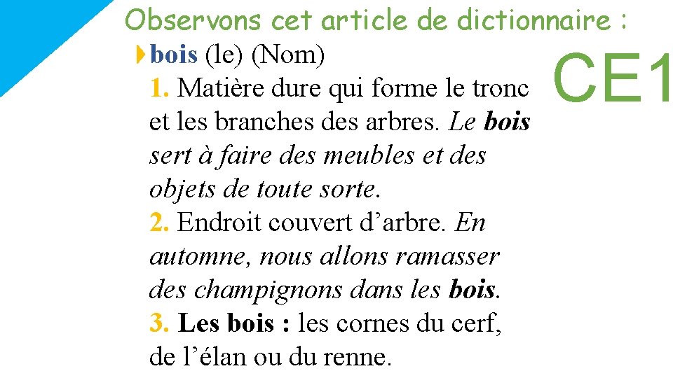 Observons cet article de dictionnaire : bois (le) (Nom) 1. Matière dure qui forme