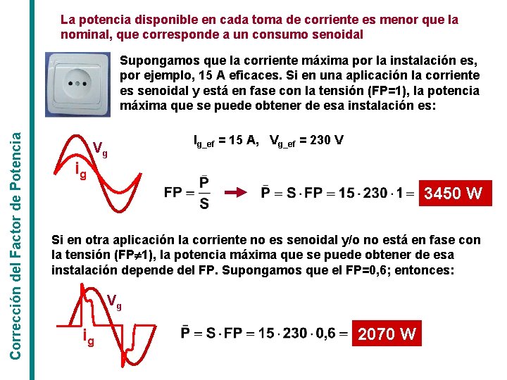 La potencia disponible en cada toma de corriente es menor que la nominal, que