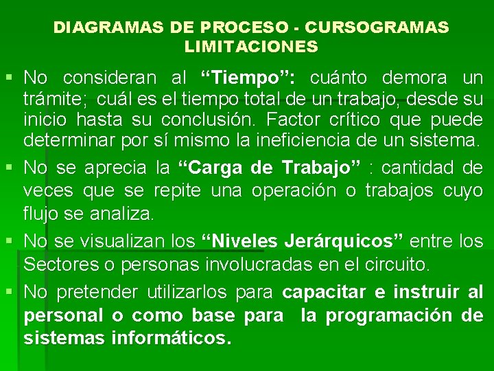 DIAGRAMAS DE PROCESO - CURSOGRAMAS LIMITACIONES § No consideran al “Tiempo”: cuánto demora un