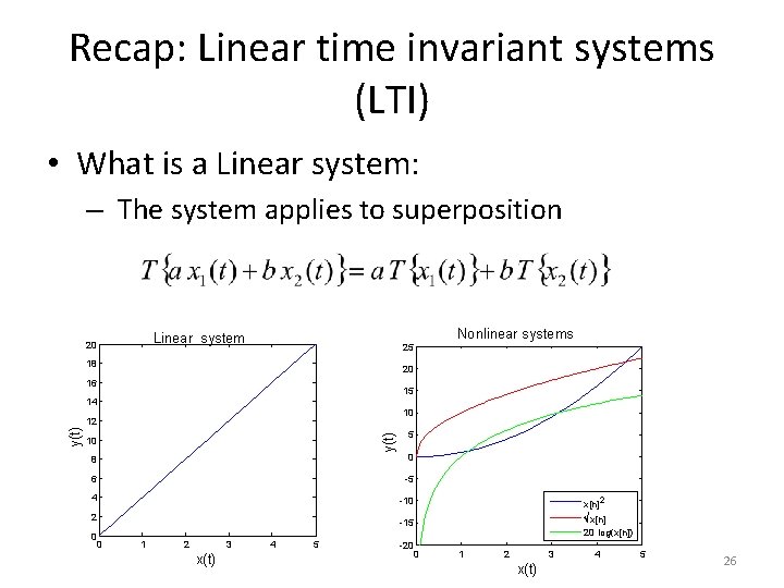 Recap: Linear time invariant systems (LTI) • What is a Linear system: – The