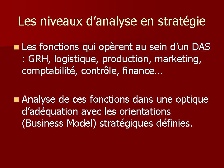 Les niveaux d’analyse en stratégie n Les fonctions qui opèrent au sein d’un DAS