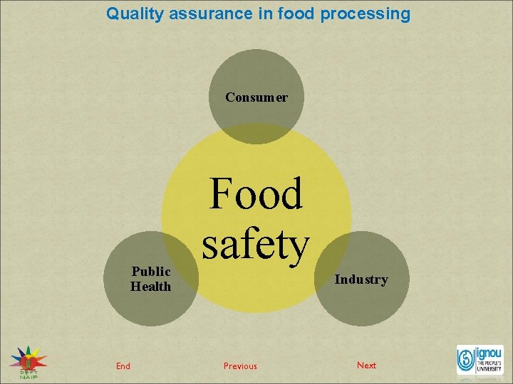 Quality assurance in food processing Consumer Public Health End Food safety Industry Previous Next