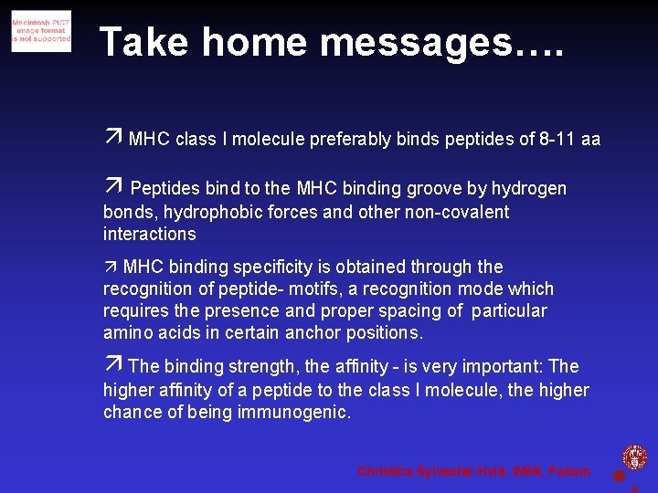 Take home messages…. MHC class I molecule preferably binds peptides of 8 -11 aa