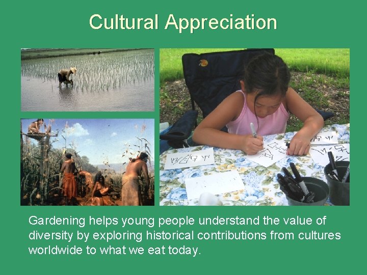Cultural Appreciation Gardening helps young people understand the value of diversity by exploring historical