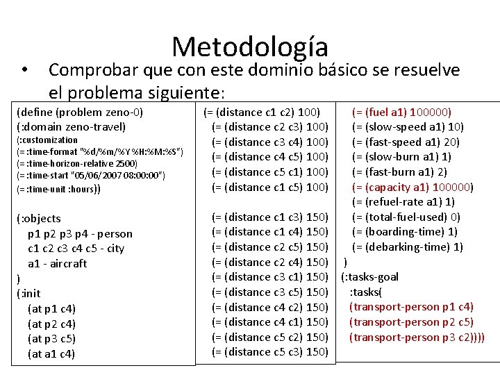  • Metodología Comprobar que con este dominio básico se resuelve el problema siguiente: