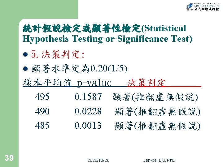 統計假說檢定或顯著性檢定(Statistical Hypothesis Testing or Significance Test) 5. 決策判定: l 顯著水準定為 0. 20(1/5) 樣本平均值 p-value