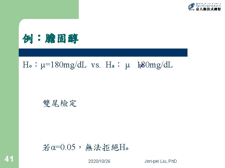 例：膽固醇 Ho：μ=180 mg/d. L vs. Ha： μ 180 mg/d. L 雙尾檢定 若α=0. 05，無法拒絕Ho 41
