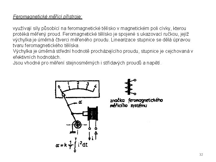 Feromagnetické měřící přístroje: využívají síly působící na feromagnetické tělísko v magnetickém poli cívky, kterou