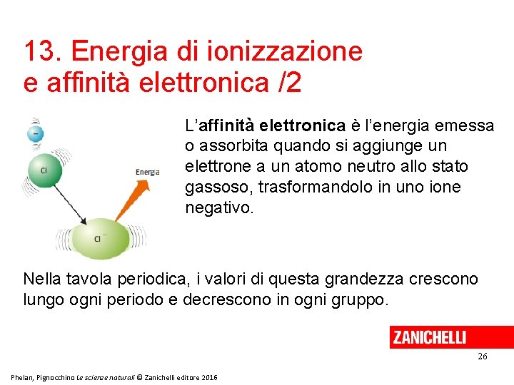 13. Energia di ionizzazione e affinità elettronica /2 L’affinità elettronica è l’energia emessa o