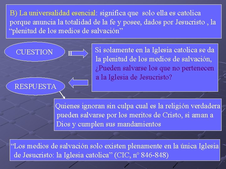 B) La universalidad esencial: significa que solo ella es catolica porque anuncia la totalidad B) La universalidad esencial: significa que solo ella es catolica porque anuncia la totalidad