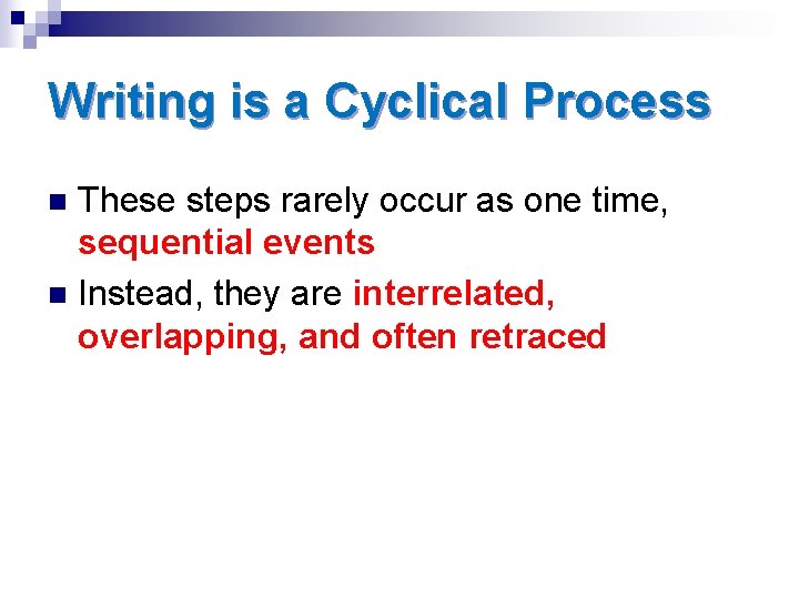 Writing is a Cyclical Process These steps rarely occur as one time, sequential events