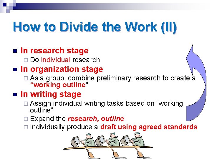 How to Divide the Work (II) n In research stage ¨ Do n individual