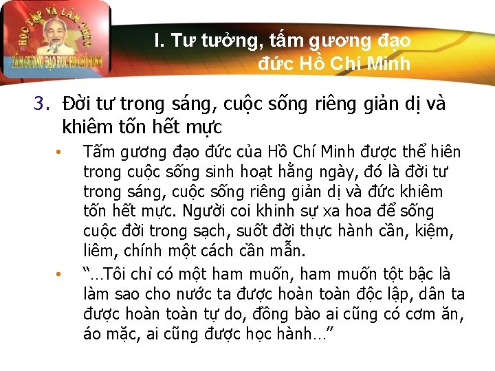 I. Tư tưởng, tấm gương đạo đức Hồ Chí Minh 3. Đời tư trong