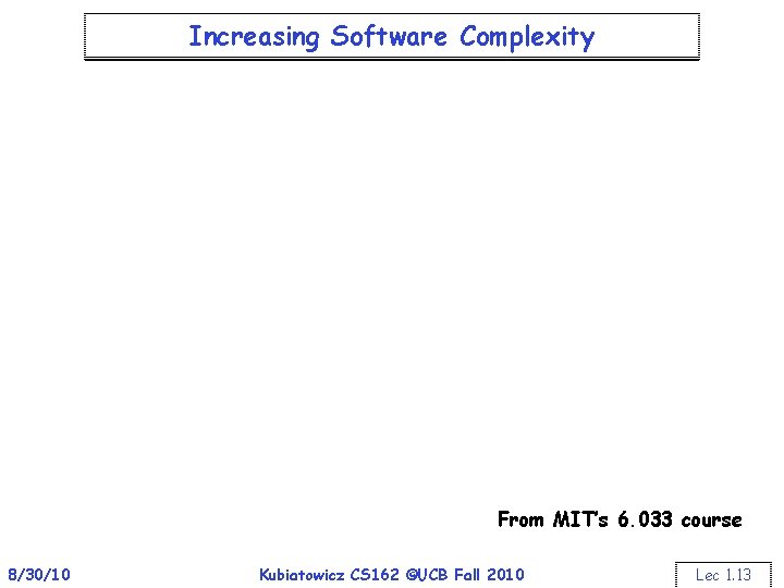 Increasing Software Complexity From MIT’s 6. 033 course 8/30/10 Kubiatowicz CS 162 ©UCB Fall