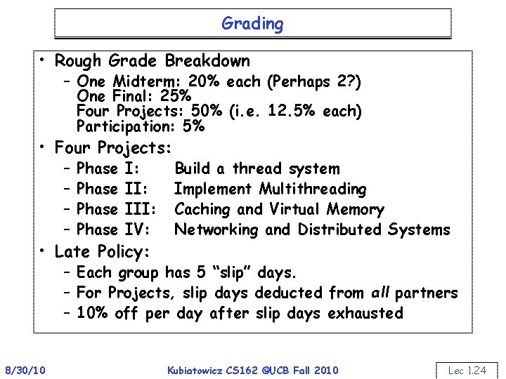 Grading • Rough Grade Breakdown – One Midterm: 20% each (Perhaps 2? ) One