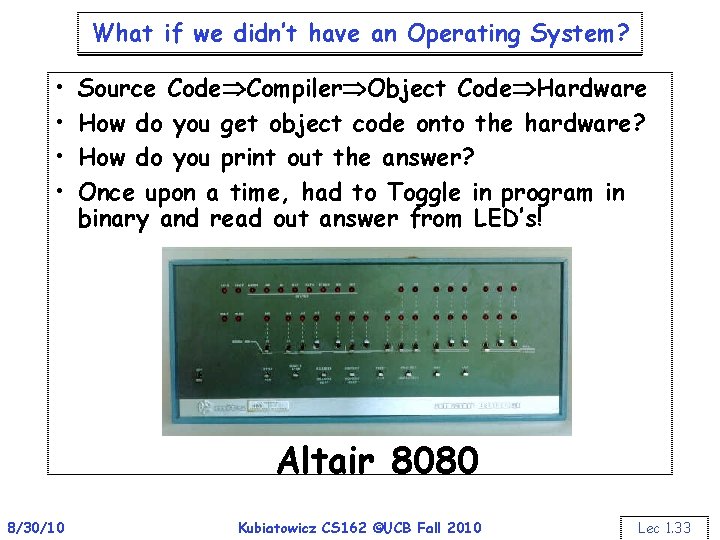 What if we didn’t have an Operating System? • • Source Code Compiler Object