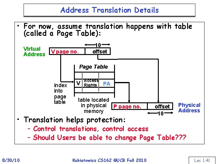 Address Translation Details • For now, assume translation happens with table (called a Page