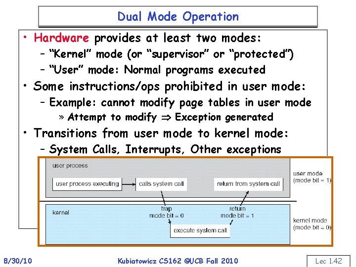 Dual Mode Operation • Hardware provides at least two modes: – “Kernel” mode (or