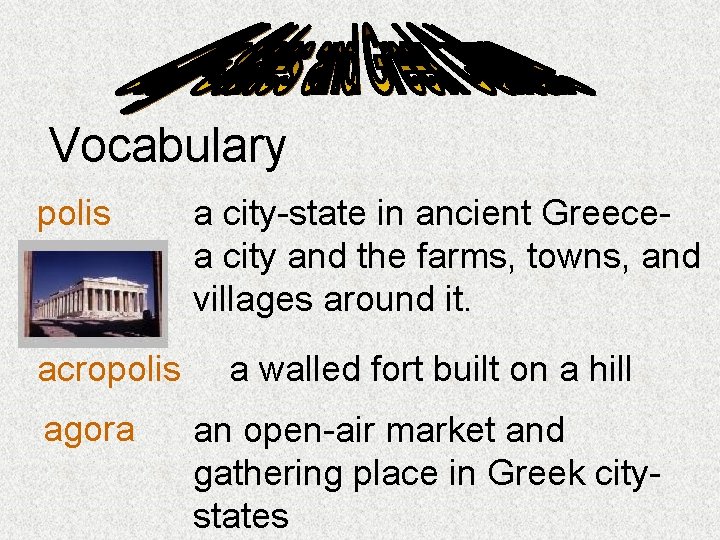 Vocabulary polis acropolis agora a city-state in ancient Greecea city and the farms, towns,