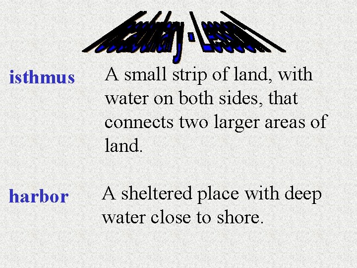 isthmus A small strip of land, with water on both sides, that connects two