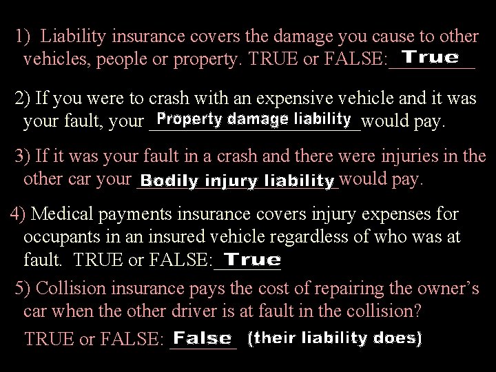 1) Liability insurance covers the damage you cause to other vehicles, people or property.