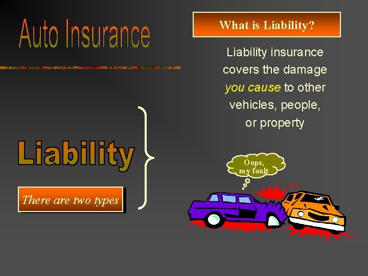 What is Liability? Liability insurance covers the damage you cause to other vehicles, people,