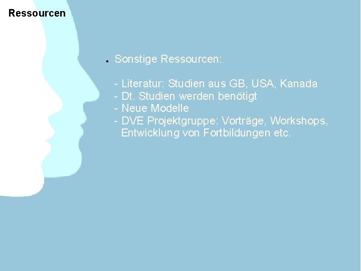 Ressourcen ● Sonstige Ressourcen: - Literatur: Studien aus GB, USA, Kanada - Dt. Studien