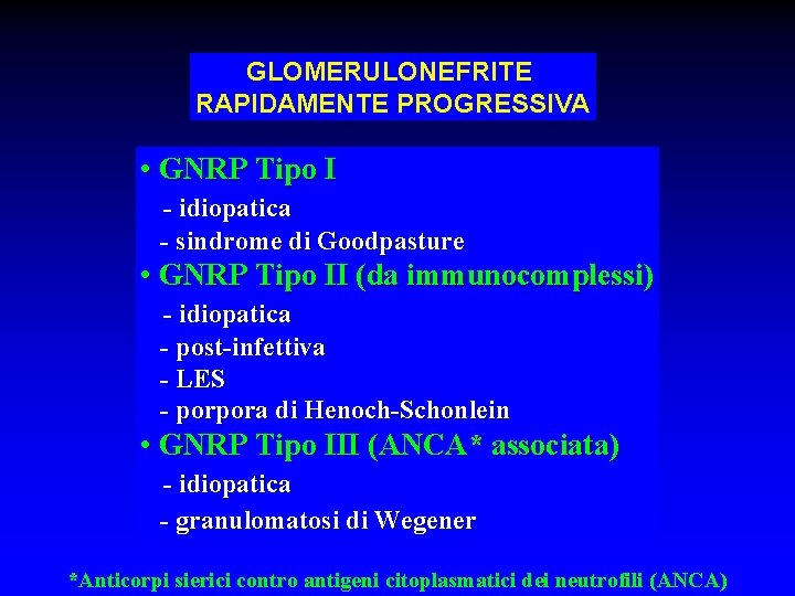 GLOMERULONEFRITE RAPIDAMENTE PROGRESSIVA • GNRP Tipo I - idiopatica - sindrome di Goodpasture •