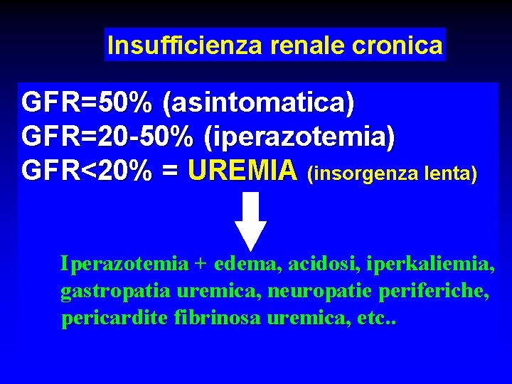 Insufficienza renale cronica GFR=50% (asintomatica) GFR=20 -50% (iperazotemia) GFR<20% = UREMIA (insorgenza lenta) Iperazotemia