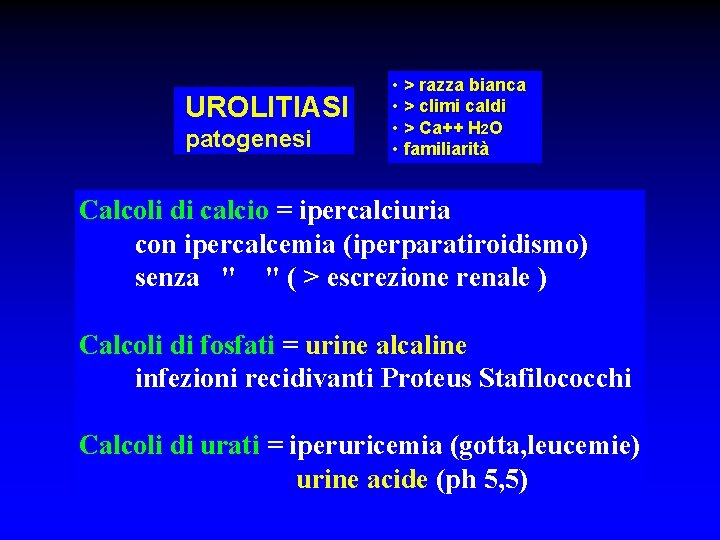 UROLITIASI patogenesi • > razza bianca • > climi caldi • > Ca++ H