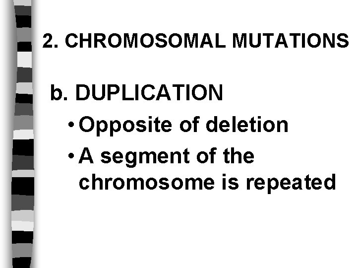 2. CHROMOSOMAL MUTATIONS b. DUPLICATION • Opposite of deletion • A segment of the