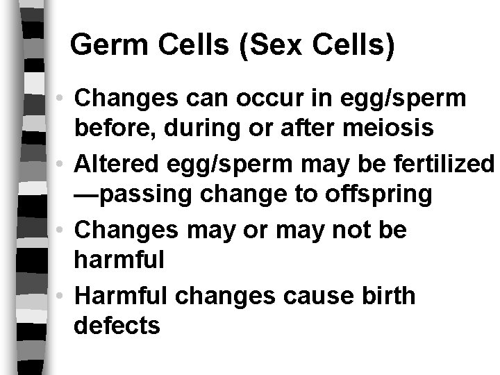 Germ Cells (Sex Cells) • Changes can occur in egg/sperm before, during or after