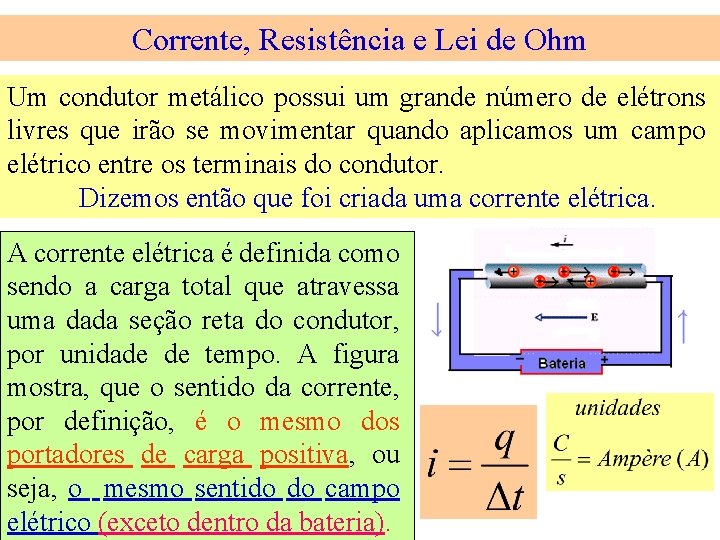 Corrente, Resistência e Lei de Ohm Um condutor metálico possui um grande número de