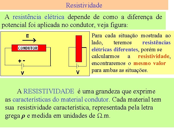 Resistividade A resistência elétrica depende de como a diferença de potencial foi aplicada no
