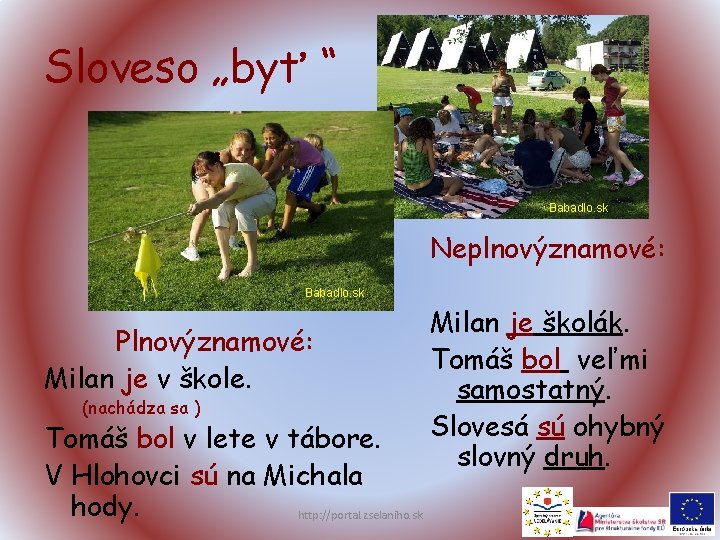 Sloveso „byť “ Babadlo. sk Neplnovýznamové: Babadlo. sk Plnovýznamové: Milan je v škole. (nachádza