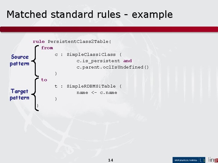 Matched standard rules - example Source pattern Target pattern rule Persistent. Class 2 Table{