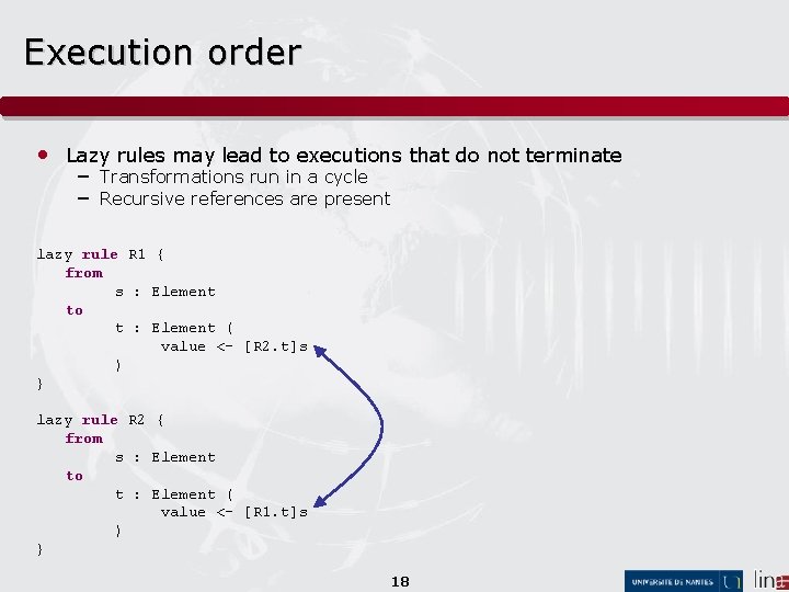 Execution order • Lazy rules may lead to executions that do not terminate –