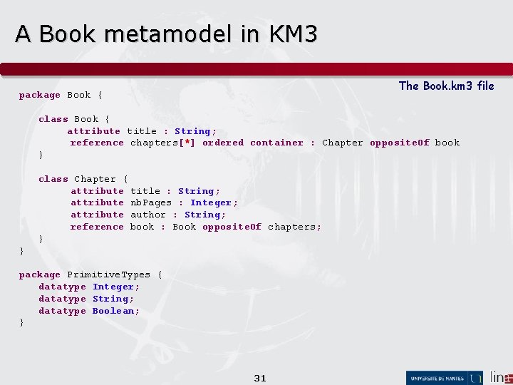 A Book metamodel in KM 3 The Book. km 3 file package Book {