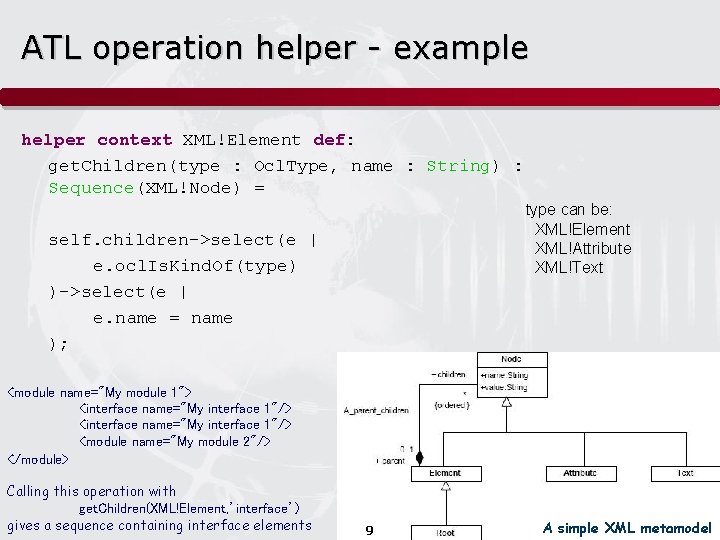 ATL operation helper - example helper context XML!Element def: get. Children(type : Ocl. Type,