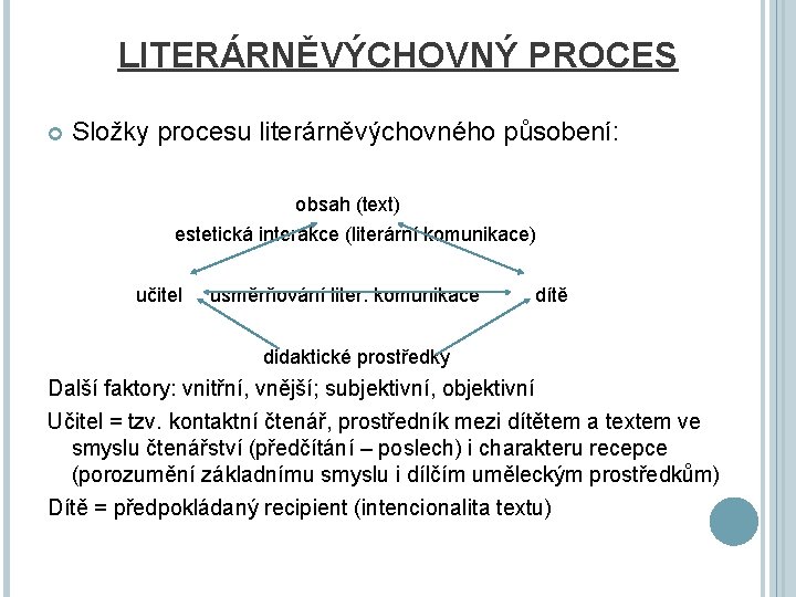 LITERÁRNĚVÝCHOVNÝ PROCES Složky procesu literárněvýchovného působení: obsah (text) estetická interakce (literární komunikace) učitel usměrňování