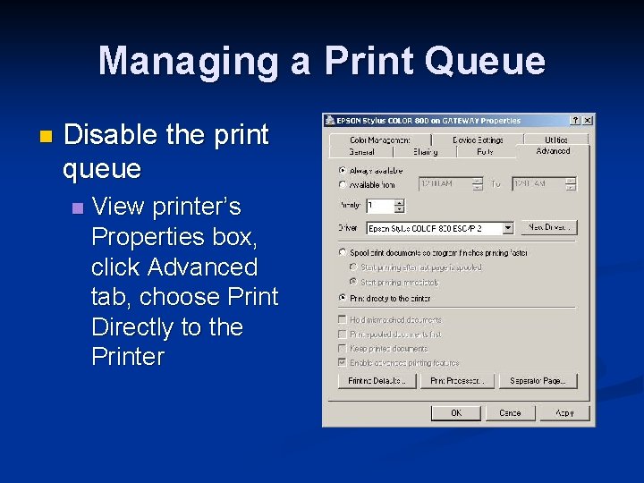 Managing a Print Queue n Disable the print queue n View printer’s Properties box,