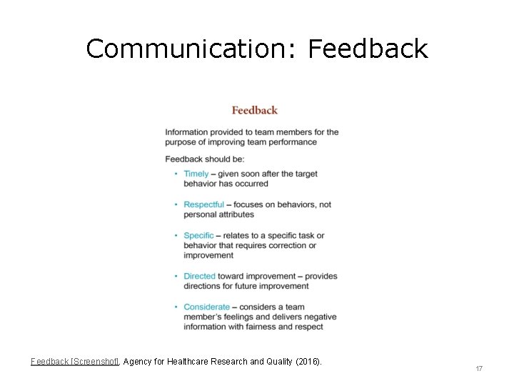 Communication: Feedback [Screenshot]. Agency for Healthcare Research and Quality (2016). 17 