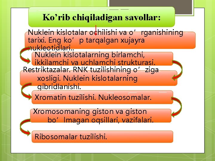 Ko’rib chiqiladigan savollar: Nuklein kislotalar ochilishi va o’rganishining tarixi. Eng ko’p tarqalgan xujayra nukleotidlari.