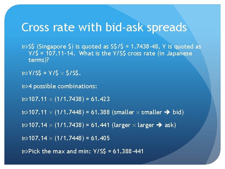 Cross rate with bid-ask spreads S$ (Singapore $) is quoted as S$/$ = 1.