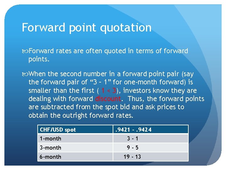 Forward point quotation Forward rates are often quoted in terms of forward points. When
