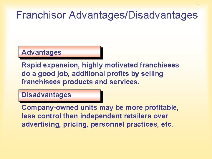 50 Franchisor Advantages/Disadvantages Advantages Rapid expansion, highly motivated franchisees do a good job, additional